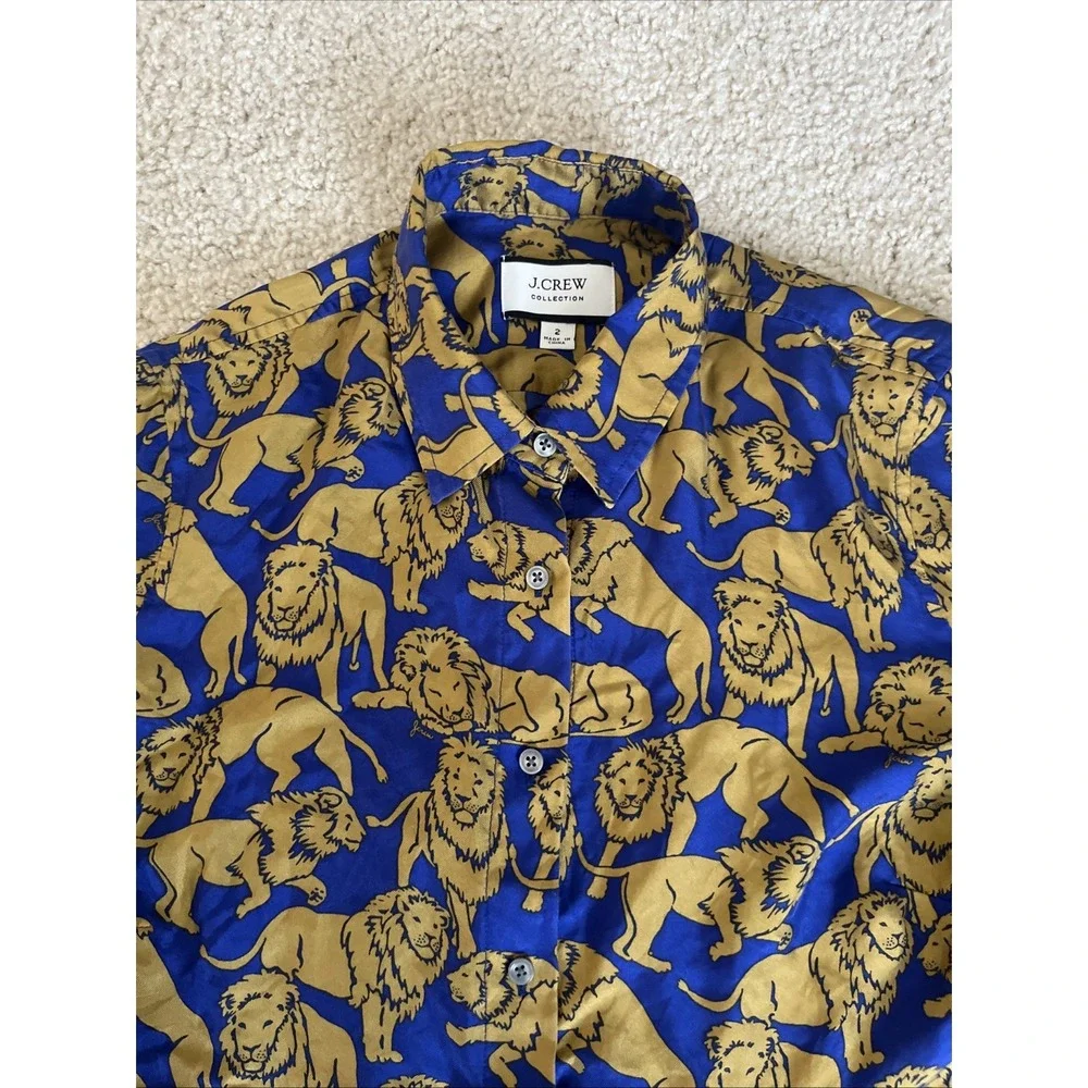 J Crew Collection 100% Silk Sleepy Lions Button Blouse Blue Gold 2